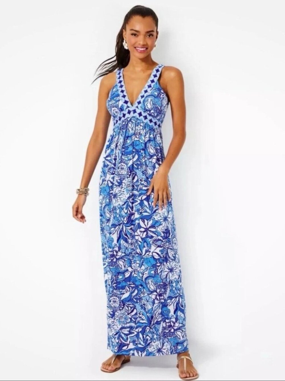 Lilly Pulitzer Maxi Dress Blue Tang Flocking Serena V-Neck Maxi Patterned